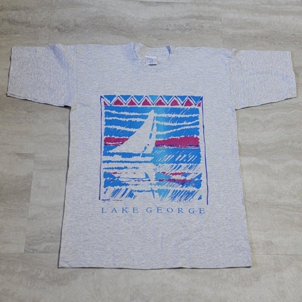 Vintage Sail Boat Lake George 1991 Suttons Graphic Gray Premier Sportswear Tee